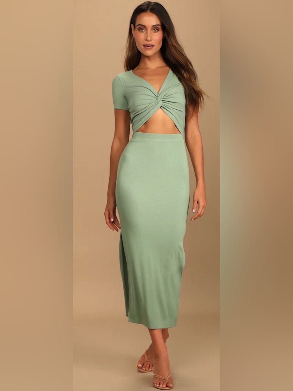 Lulu's Sage Green Twist Front Cutout Midi Dress